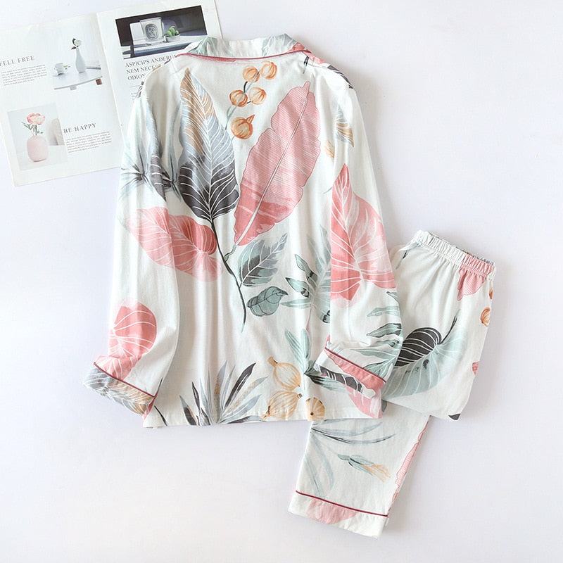 High Quality Women's Pajamas Set Fresh Leaves Print Sleepwear Natural Cotton Nightwear Leisure Home Clothes for Summer