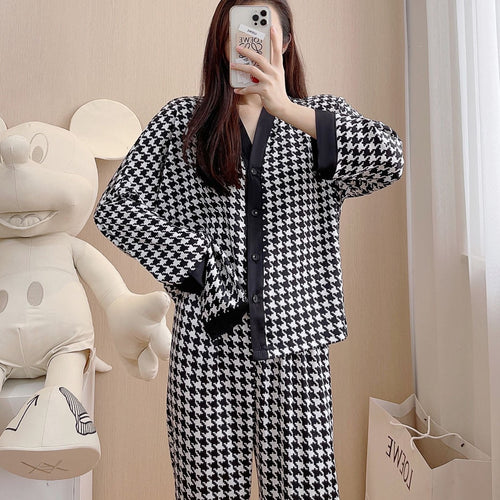 Load image into Gallery viewer, Autumn Women&#39;s Pajamas Houndstooth Sleepwear Fashion Style Silk Like Nightwear Casual V-neck Homewear Pyjamas Femme
