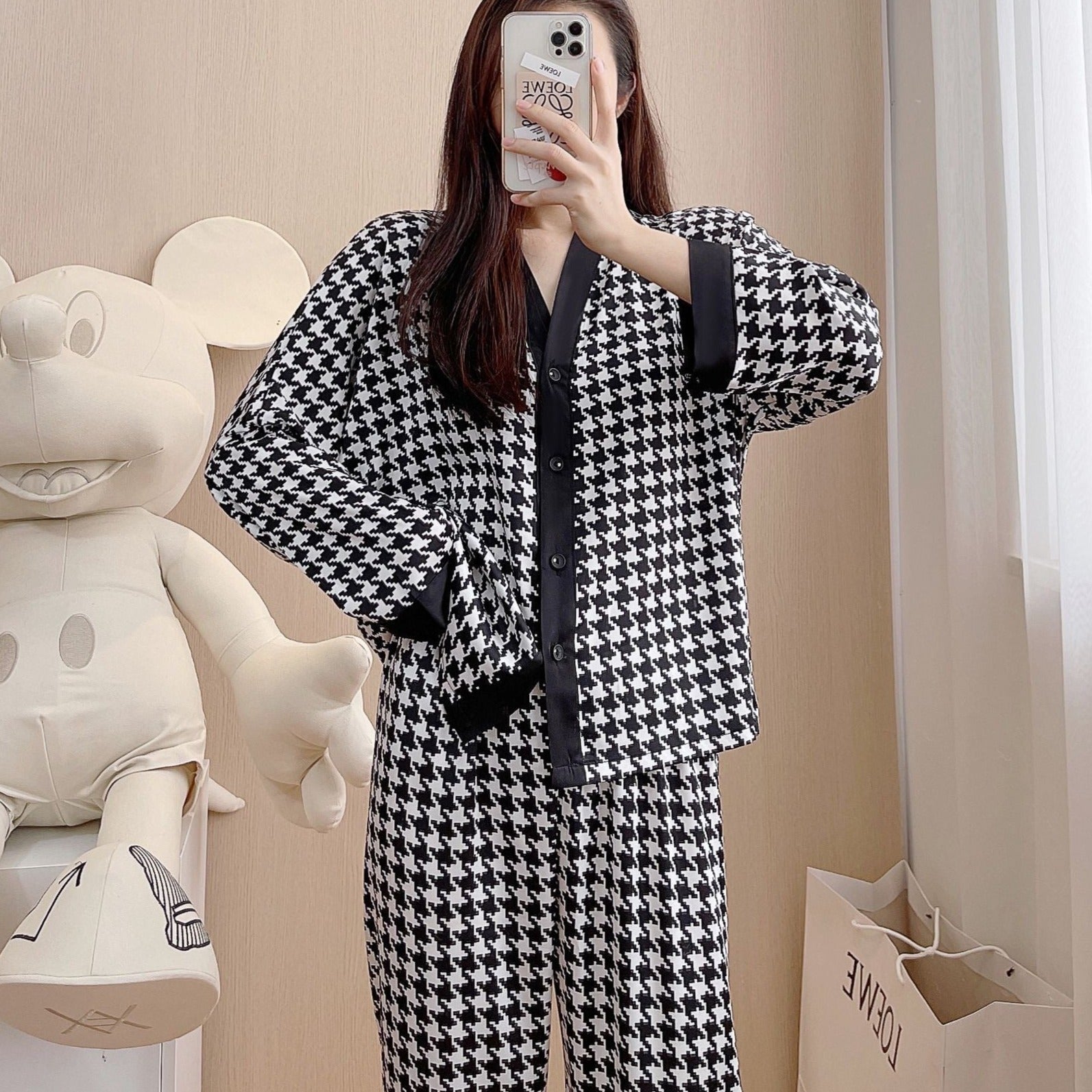 Autumn Women's Pajamas Houndstooth Sleepwear Fashion Style Silk Like Nightwear Casual V-neck Homewear Pyjamas Femme