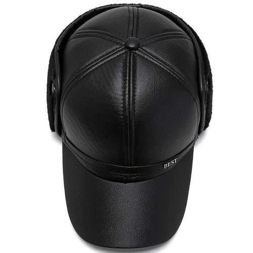 Load image into Gallery viewer, Black Pu Leather Baseball Cap Men&#39;s Winter Snapback Hat Earflaps Warm Baseball Caps Casquette Homme Dad Hat
