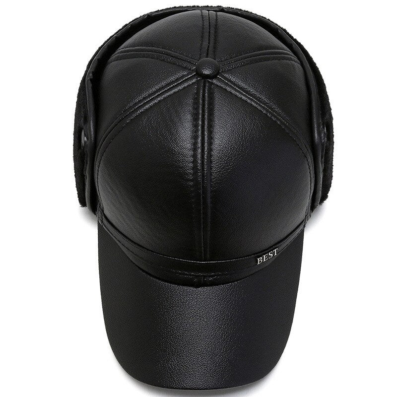 Black Pu Leather Baseball Cap Men's Winter Snapback Hat Earflaps Warm Baseball Caps Casquette Homme Dad Hat