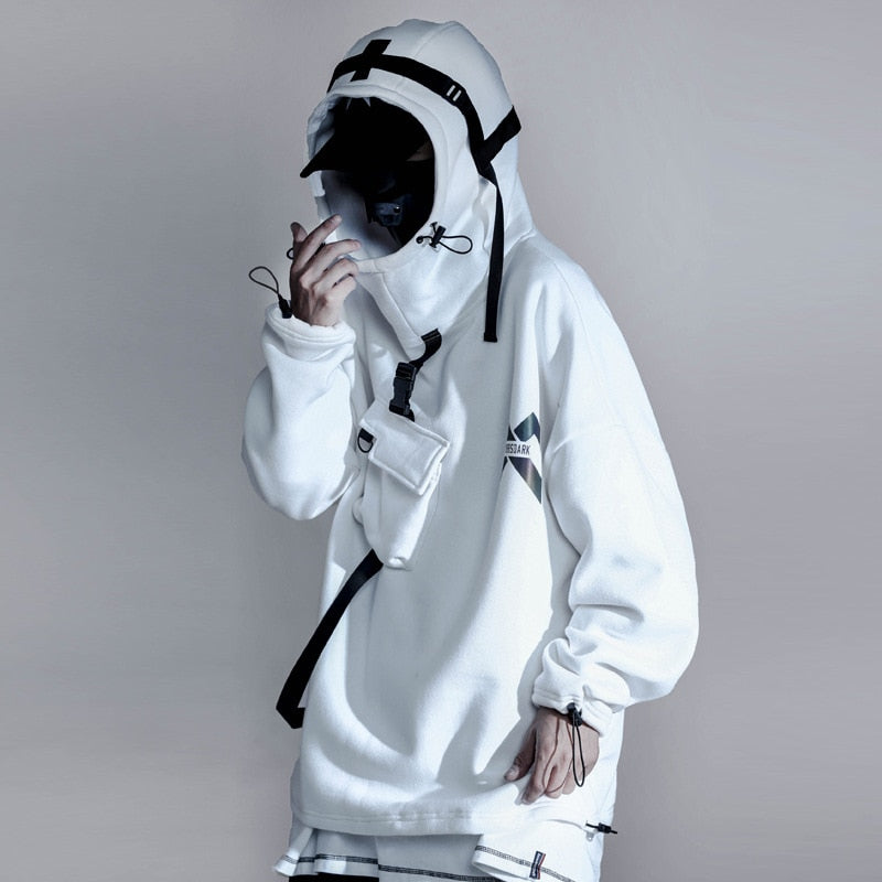Techwear Harajuku Hoodies Men Ribbon Design Pullover Hip Hop Streetwear Hoodies Sweatshirts WB143