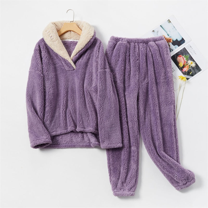 Women's Pajamas Set Thick Flannel Sleepwear Casual Coral Fleece Homewear Turn-Down Collar Home Suit Pyjamas Femme