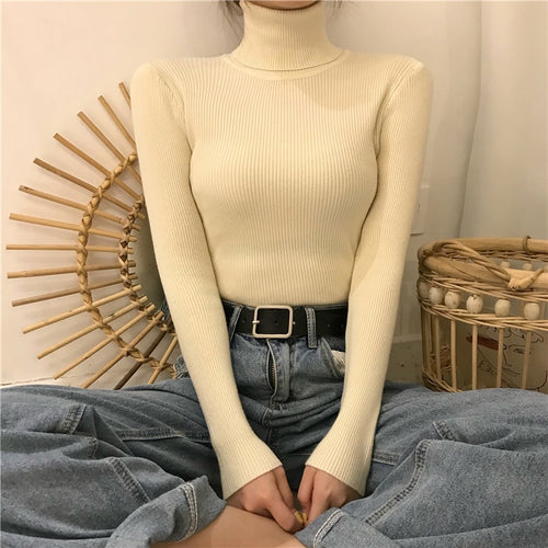 Load image into Gallery viewer, Turtleneck Women Sweater Autumn Soft Long Sleeve Pullover Knitted Jumper Winter Korean Slim Girl Blouse Solid Casual Tops
