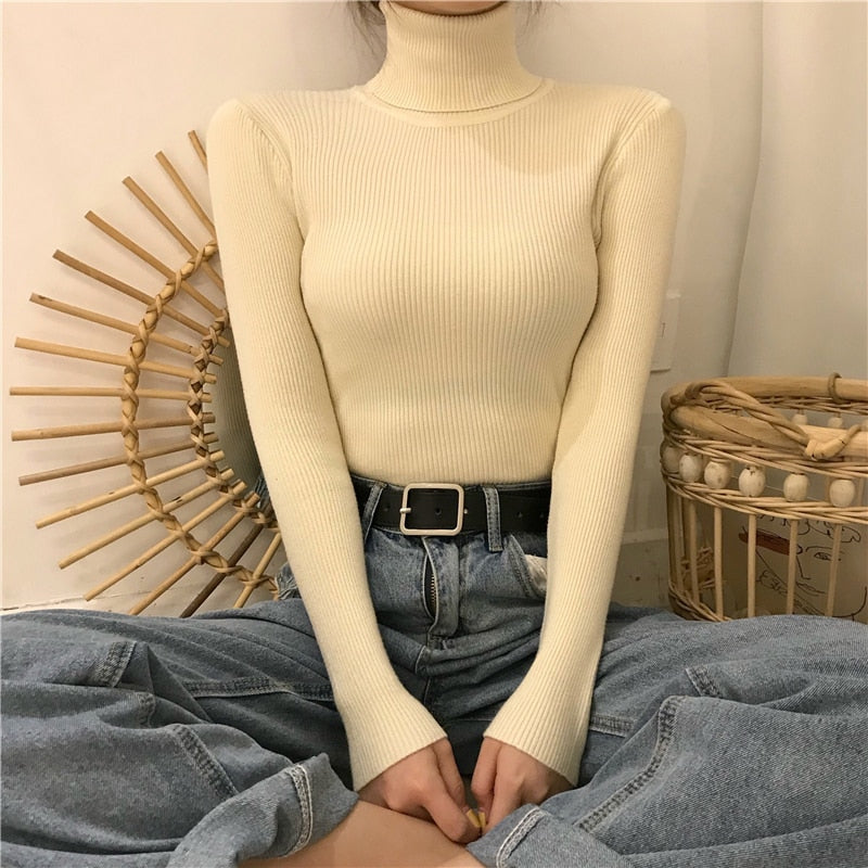 Turtleneck Women Sweater Autumn Soft Long Sleeve Pullover Knitted Jumper Winter Korean Slim Girl Blouse Solid Casual Tops