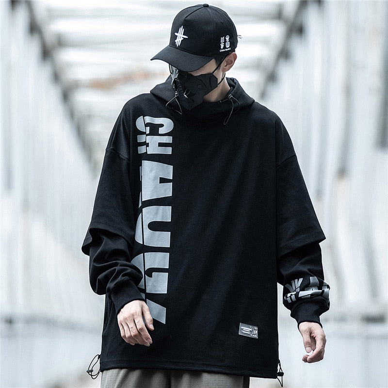 Hip Hop Streetwear Hoodie Sweatshirt Fake two Piece Letter Print Pullover Men Harajuku Hoodies Tops WB402