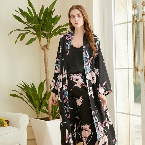 Load image into Gallery viewer, High Quality Women&#39;s Pajamas Long Robe Set Floral Paint Homewear Silk Like Bathrobe Casual Nightwear 3 Pcs Pyjamas New
