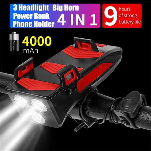 Load image into Gallery viewer, 4 In 1 Bike Lamp Front Horn Light Phone Holder Alarm Bell Power Bank MTB Bike Accessories Cycling LED Flashlight

