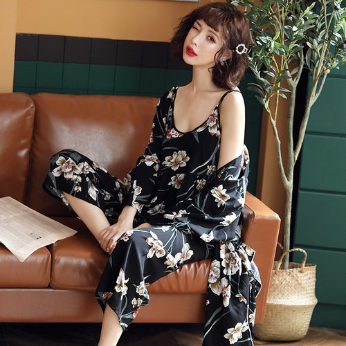 Load image into Gallery viewer, 3 Pieces Soft Autumn Summer Women Pajamas Sets Floral Printed Sleepwear Robe Sling Top Pants Female Leisure Nightwear Suit
