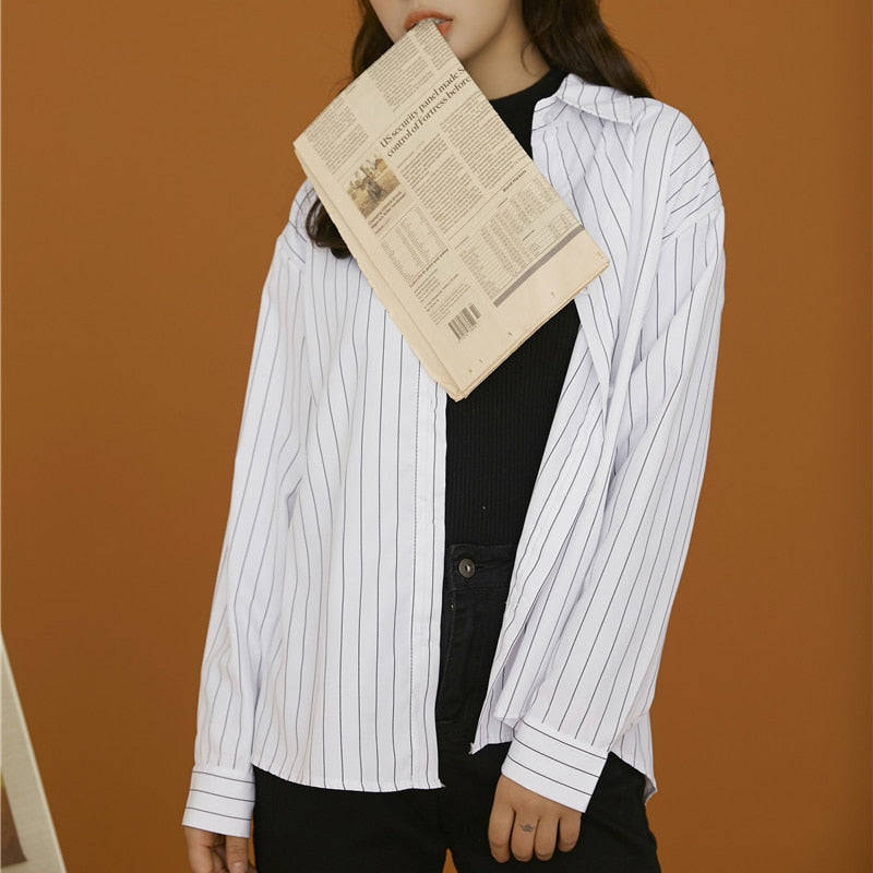 Simple Striped Women Shirt Autumn Long Sleeve 2022 New White Casual Korean Loose Tops Fashion Button Up Designed Shirts