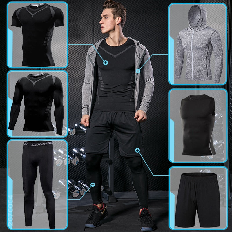 Men's Compression Sportswear Suit Running Set for Male Jogging Workout Sport Clothes Sexy Tight Fitness Training Tracksuit Black