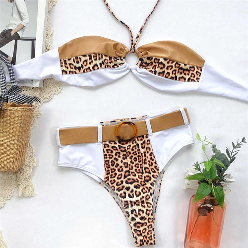 Load image into Gallery viewer, 2 Colors Leopard High Waist Bikini Female Swimsuit Women Swimwear Two-pieces Bikini set With Belt Bather Bathing Suit Lady V2151
