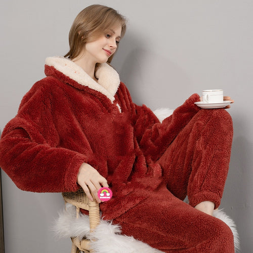 Load image into Gallery viewer, Women&#39;s Pajamas Set Thick Flannel Sleepwear Casual Coral Fleece Homewear Turn-Down Collar Home Suit Pyjamas Femme
