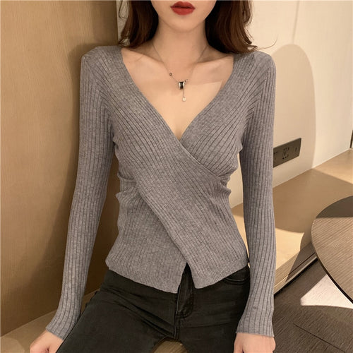 Load image into Gallery viewer, Knitted Full Women Sweater Long Sleeve Fashion Crossed V Neck Jumper Causal Sexy Autumn Slim Pullover Ladies Basic Top
