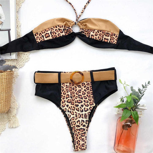 Load image into Gallery viewer, 2 Colors Leopard High Waist Bikini Female Swimsuit Women Swimwear Two-pieces Bikini set With Belt Bather Bathing Suit Lady V2151
