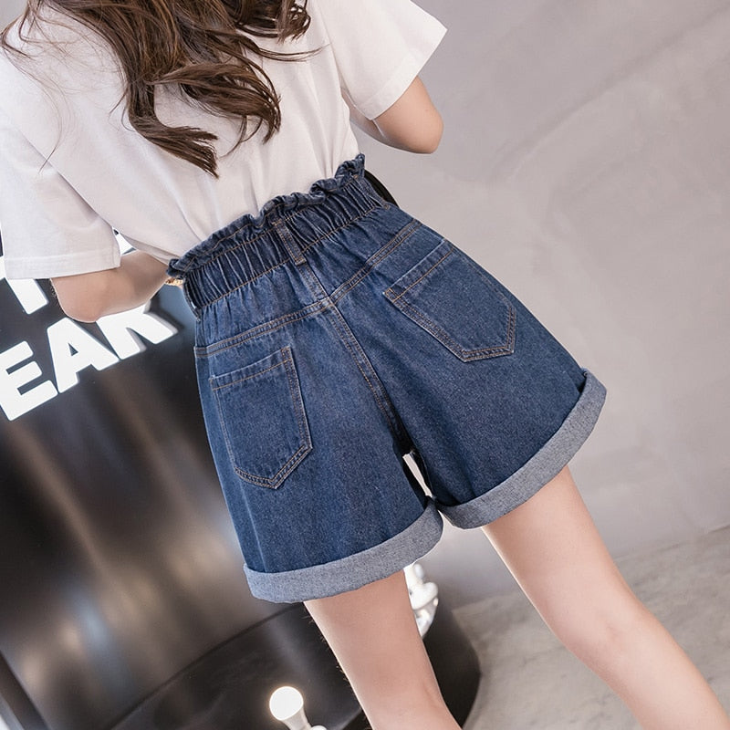 Large Size Women Denim Shorts Elastic High Waist Loose Korean Short Jeans Fashion Casual Button Blue Wide Leg Shorts 5XL