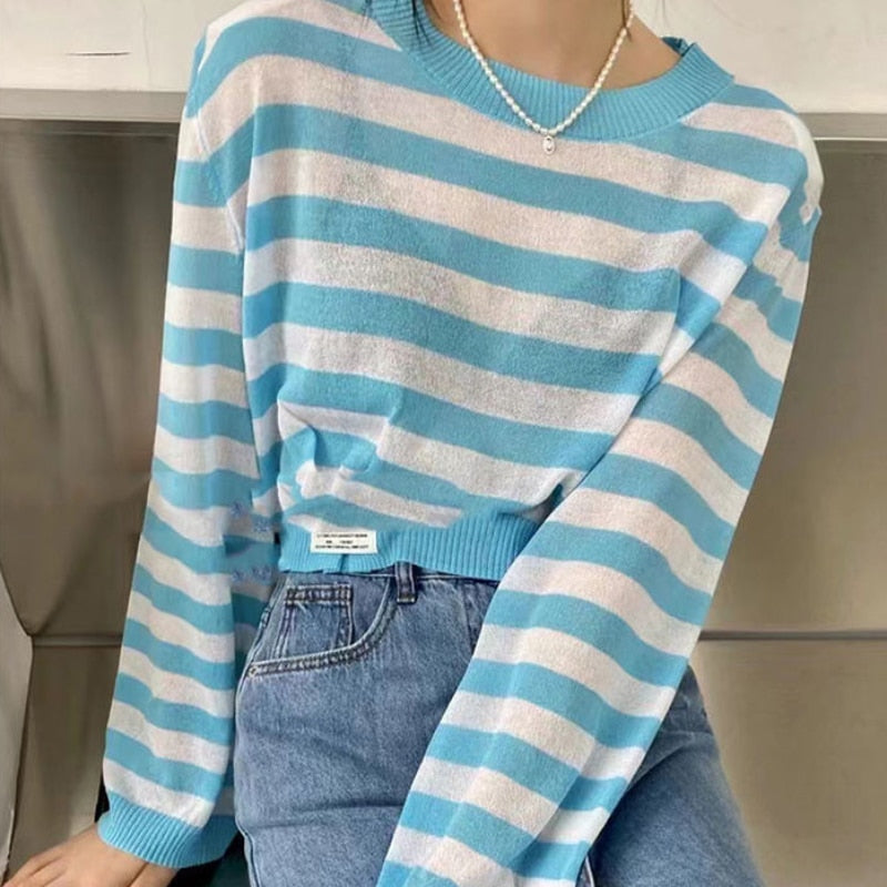 Casual Women Striped T Shirts Loose O Neck Korean Long Sleeve Autumn Knit Tops Fashion Black New  Fall Female Thin Tees