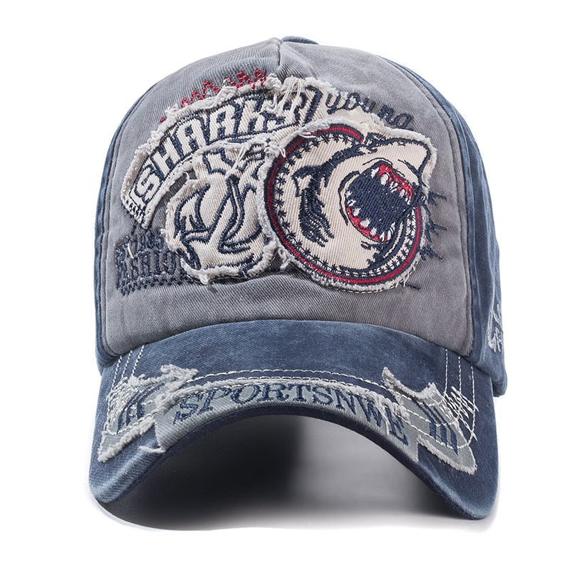 Unisex Washed Cotton Retro Cap Big Shark Embroidery Baseball Cap Men And Women Streetwear Fashion Hat Cap