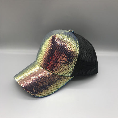 Load image into Gallery viewer, Striking Pretty Adjustable Women Panama Girls Hats For Party Club Gathering rainbow Sequins  Shining Mesh Baseball Cap
