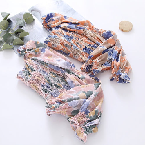Load image into Gallery viewer, Chiffon Summer Women Blouse Fashion Floral Print Europe Puff Sleeve Crop Tops Elegant Square Collar Designed Female Shirts
