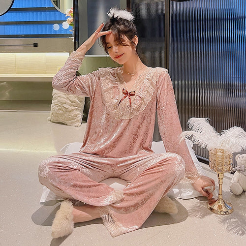 Load image into Gallery viewer, Women&#39;s Pajamas Set Sweet Style Velvet Sleepwear Casual Lace Bow Homewear V Neck Nightwear Pyjamas Femme
