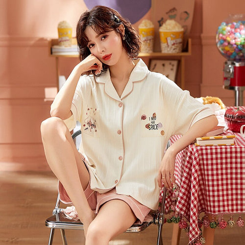 Load image into Gallery viewer, Summer Women&#39;s Pajamas Set Fashion Cute Cartoon Short Sleeve Shorts Sleepwear Cotton Leisure Home Clothes Nightwear for Girls
