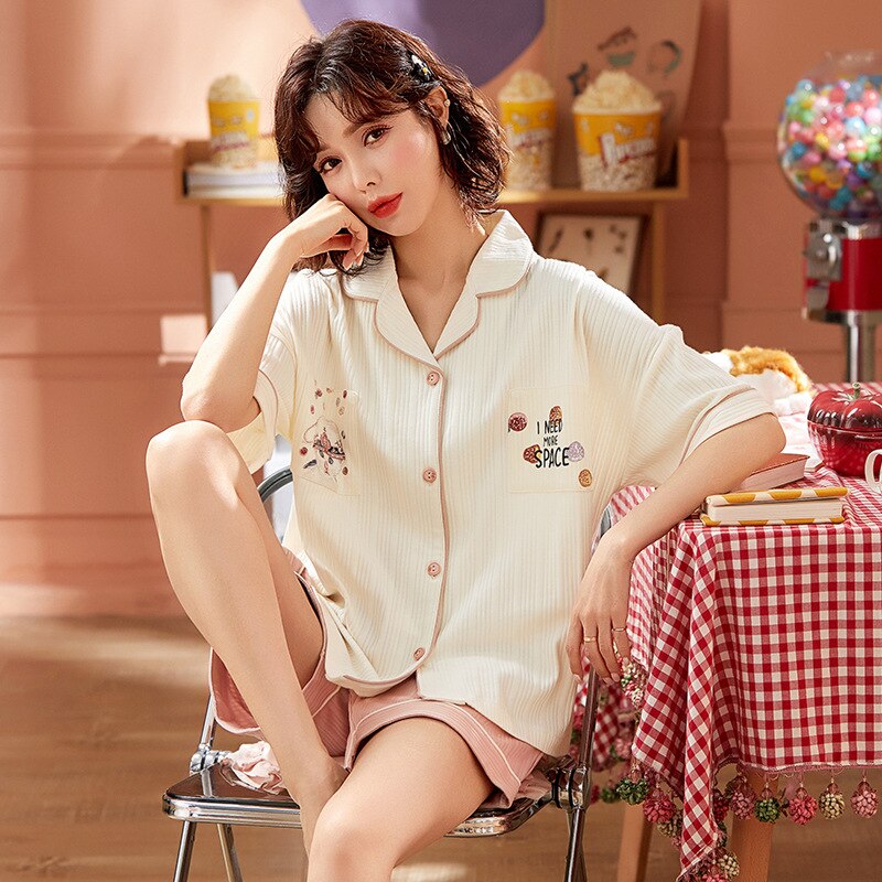 Summer Women's Pajamas Set Fashion Cute Cartoon Short Sleeve Shorts Sleepwear Cotton Leisure Home Clothes Nightwear for Girls