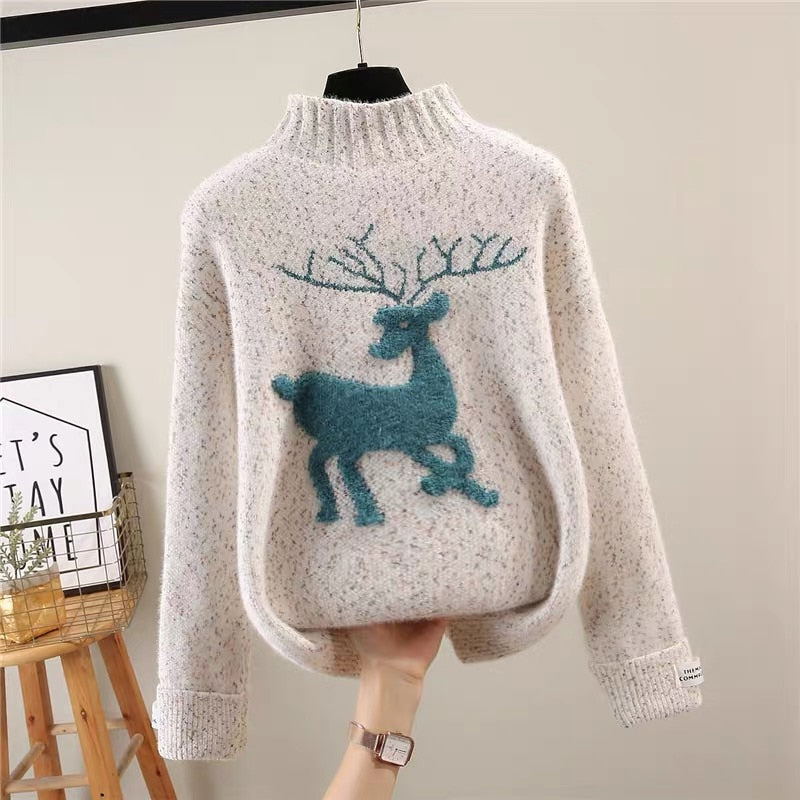 Winter Christmas Women Sweater Half Turtleneck Sweater Cartoon Pullover Knit Coat Casual Letter Long Sleeve Ladies Jumper