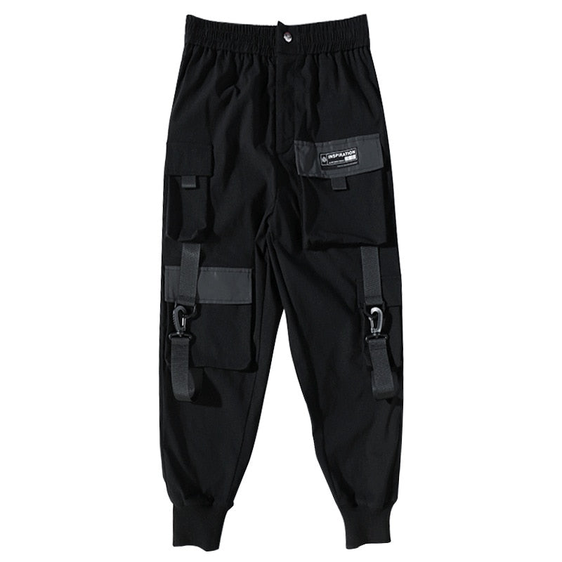 Tactical Cargo Pants Men Harajuku Streetwear Function Pant Ribbon Multi-pocket Trousers Elastic Waist HipHop Male WB526