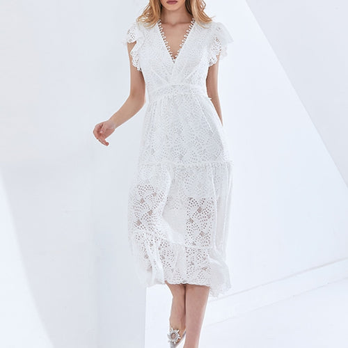 Load image into Gallery viewer, White Hollow Out Elegant Long Dress For Women V Neck Short Sleeve High Waist Ruffle Trim Spring Dresses Female
