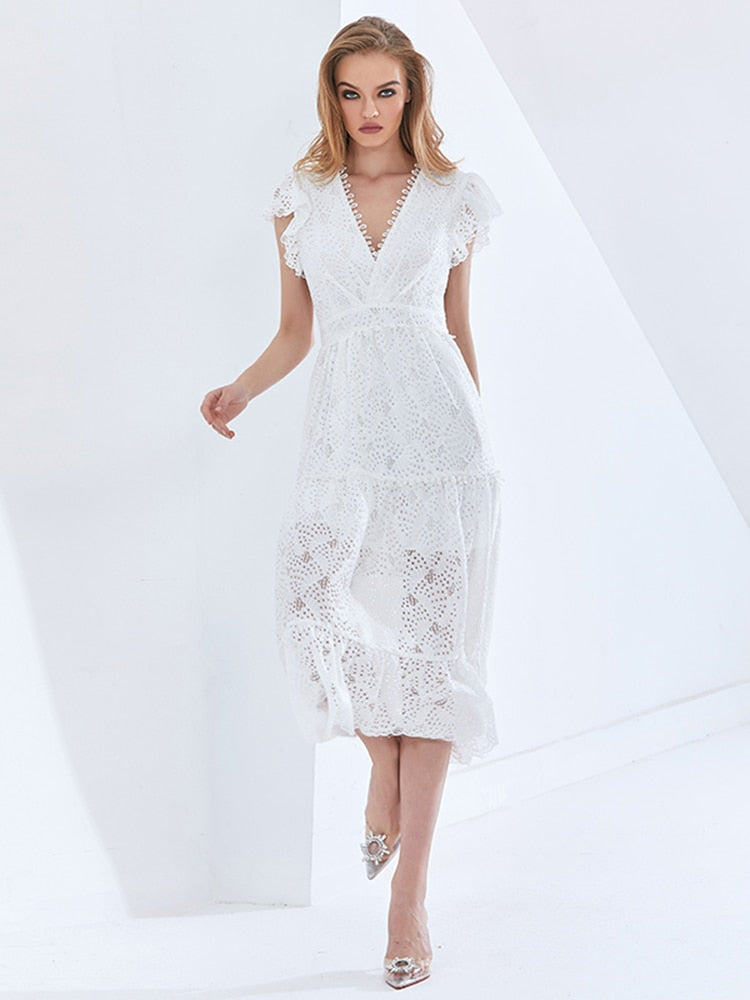 White Hollow Out Elegant Long Dress For Women V Neck Short Sleeve High Waist Ruffle Trim Spring Dresses Female