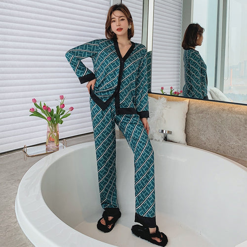 Load image into Gallery viewer, 2pcs Women&#39;s Pajamas Sets Woman Pajama Summer V Neck Design Suit Long Sleeve Trousers Set Home Clothes Sexy Satin Silk Pijamas
