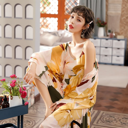 Load image into Gallery viewer, 3 Pieces Soft Autumn Summer Women Pajamas Sets Floral Printed Sleepwear Robe Sling Top Pants Female Leisure Nightwear Suit
