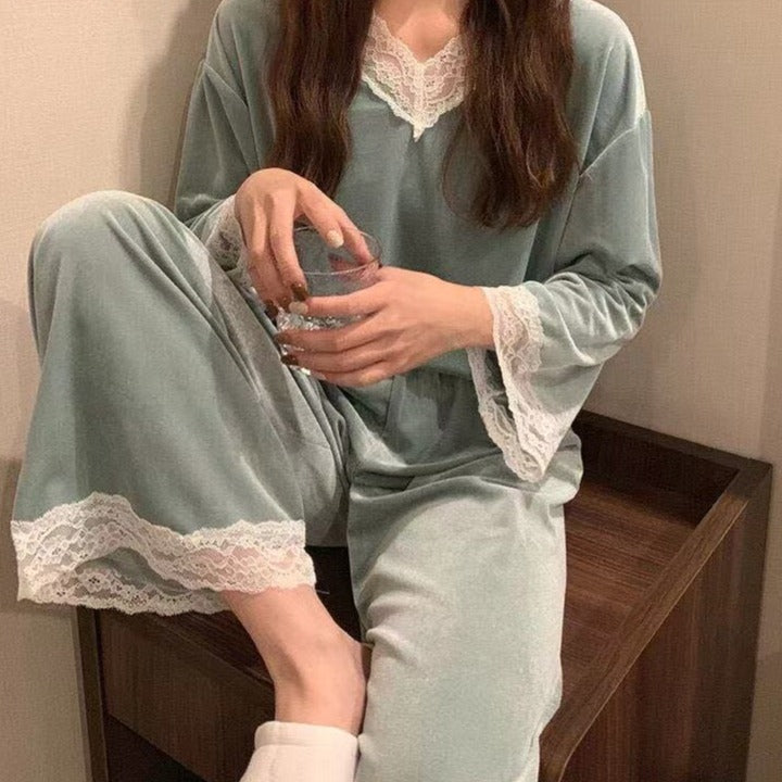 Women's Pajamas Set V Neck Lace Cuff Velvet Sleepwear Casual Homewear Loose Nightwear Luxury Pyjamas Femme Oversize