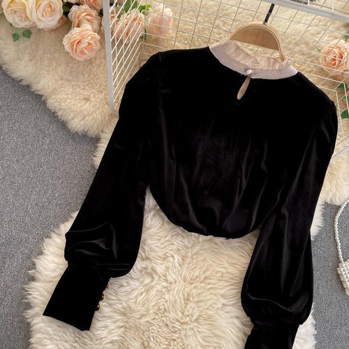 Load image into Gallery viewer, Elegant Women Blouse Fashion Black Double Breasted Pullover Casual O Neck Long Sleeve Female Tops Korean Slim Ladies Shirts
