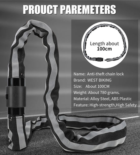 Bicycle Lock Anti-Theft Security Chain Lock With 2 Keys MTB Road Bike Motorcycle Scooter Reflective Cycling Lock