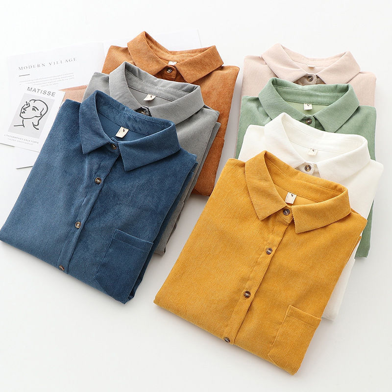 Corduroy Women Shirts Tunic Vintage Button Up Women Tops  New Long Sleeve Solid Loose White Turn Down Collar Shirts