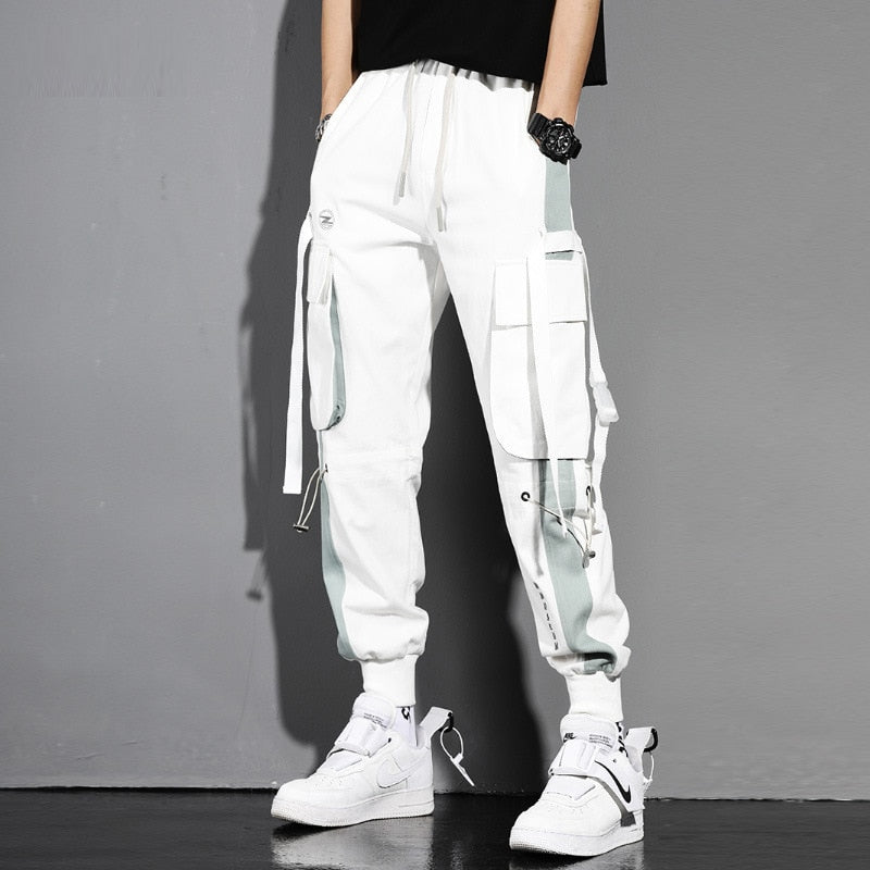 Tactical Ribbons Cargo Trousers Men Hip Hop Streetwear Elastic Waist Patchwork Pants Joggers Multi-pocket Black White WB510