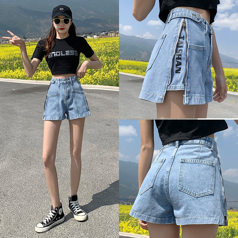 Fashion Zipper Women Denim Shorts Summer High Waist Black Letter Print A Line Wide Leg Jeans Streetwear Loose Girls Shorts