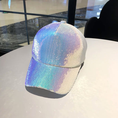 Load image into Gallery viewer, Striking Pretty Adjustable Women Panama Girls Hats For Party Club Gathering rainbow Sequins  Shining Mesh Baseball Cap
