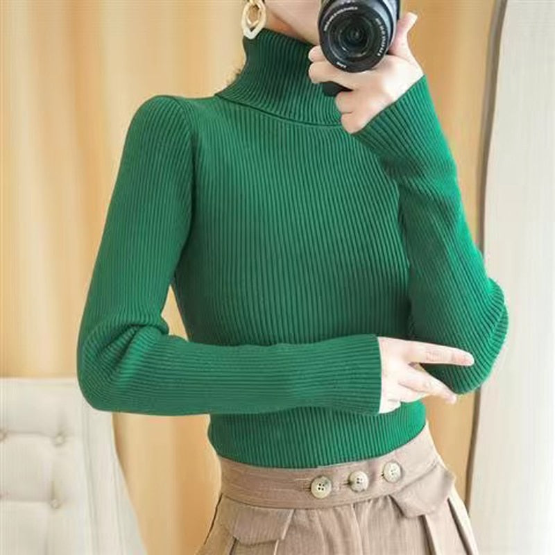 Turtelneck Sweater Autumn Women Long Sleeve Soft Knitted Jumper Elastic Fashion Chic Korean Ladies Basic Blouse