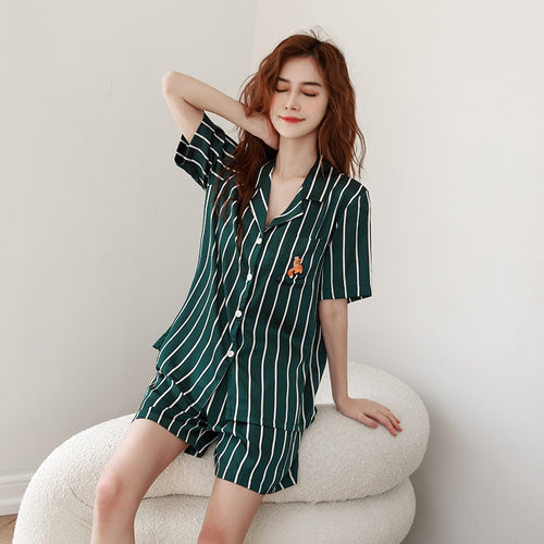 Load image into Gallery viewer, Women&#39;s Pajamas Set Luxury Fashion Stripes Sleepwear Couple Nightwear Silk Like Female Male Home Clothes Suit for Men
