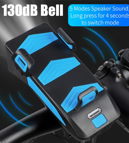4 In 1 Bike Lamp Front Horn Light Phone Holder Alarm Bell Power Bank MTB Bike Accessories Cycling LED Flashlight