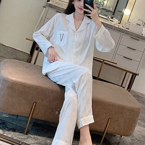 Load image into Gallery viewer, Women&#39;s Pajamas Fashion Luxury Letter Jacquard Lattice Sleepwear Silk Like Nightwear V-neck Homewear Pyjamas Femme
