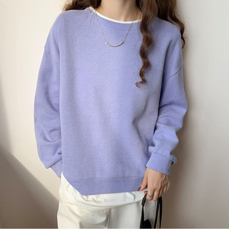 Patchwork Sweatshirt Women Harajuku Casual O Neck Loose Long Sleeve Tops Solid Fashion Korean Girls Fall Sweatshirt