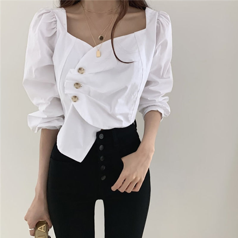 Designed Women Blouse Spring Fashion Button Irregular England Style Long Sleeve Square Collar Office Ladies Temperament Top