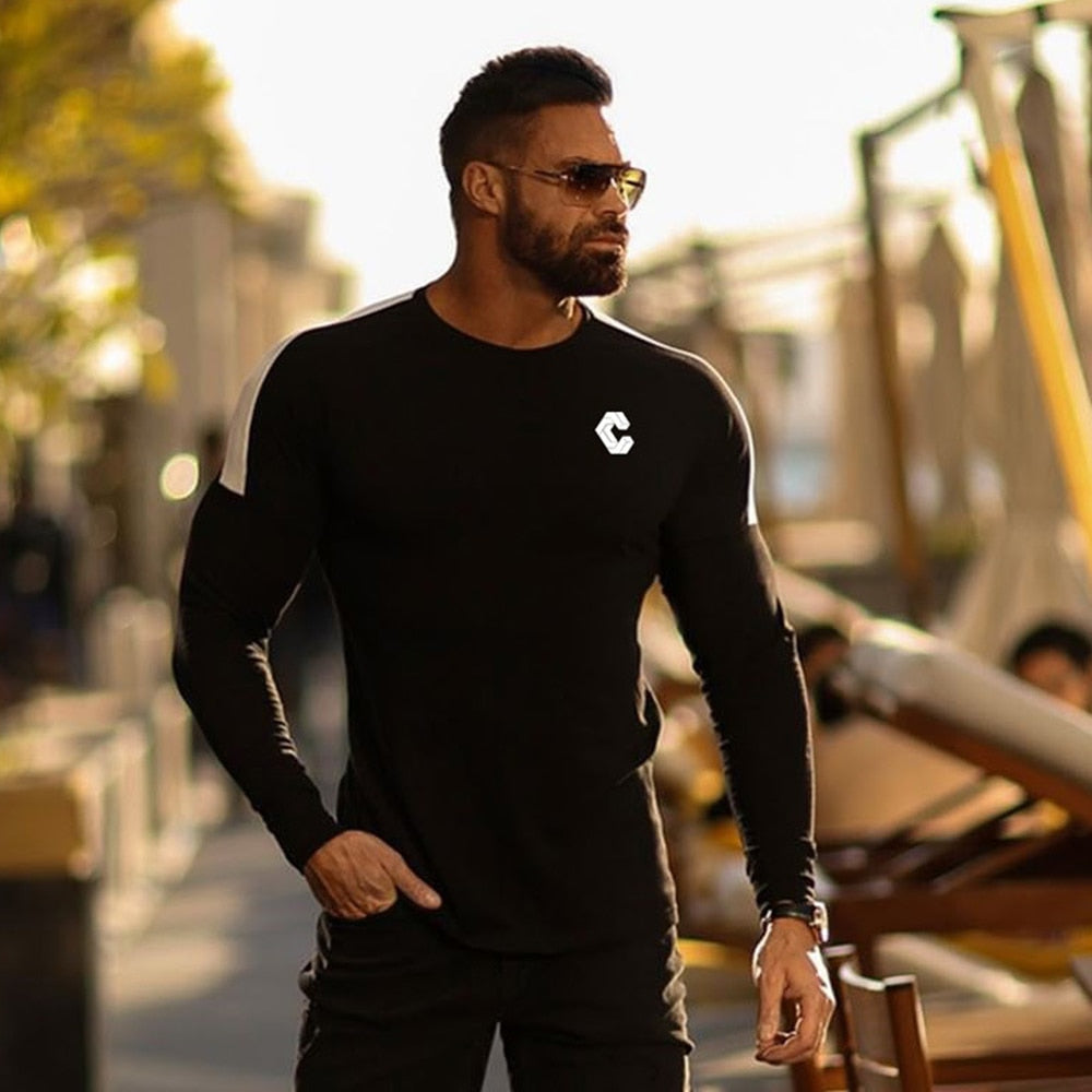 Casual Slim Long sleeves t shirt Men Gym Fitness Bodybuilding Cotton T-shirt Male Jogger Workout Black Tees Tops Fashion Clothes