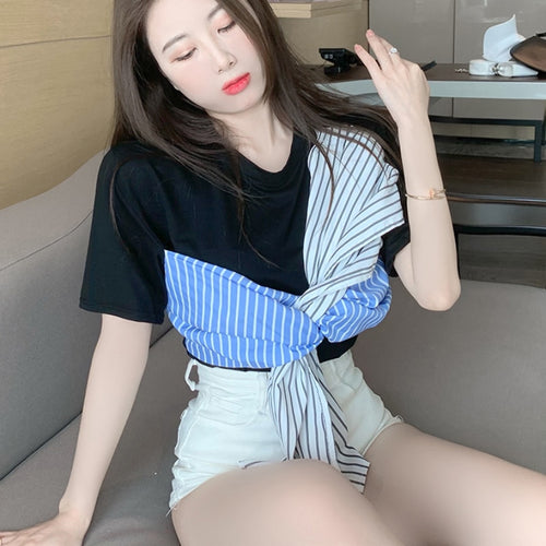 Load image into Gallery viewer, Striped Patchwork Women T Shirt Short Sleeve Summer O Neck Bandage Ladies Tees Korean Casual Designed Female Tops
