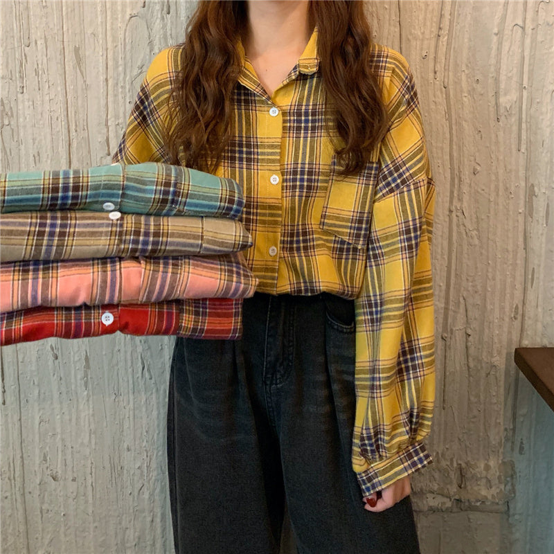 Plaid Women Shirt Loose Spring Long Sleeve Harajuku Korean Loose Ladies Blouse Casual Turn Down Collar Cotton Vintage Tops