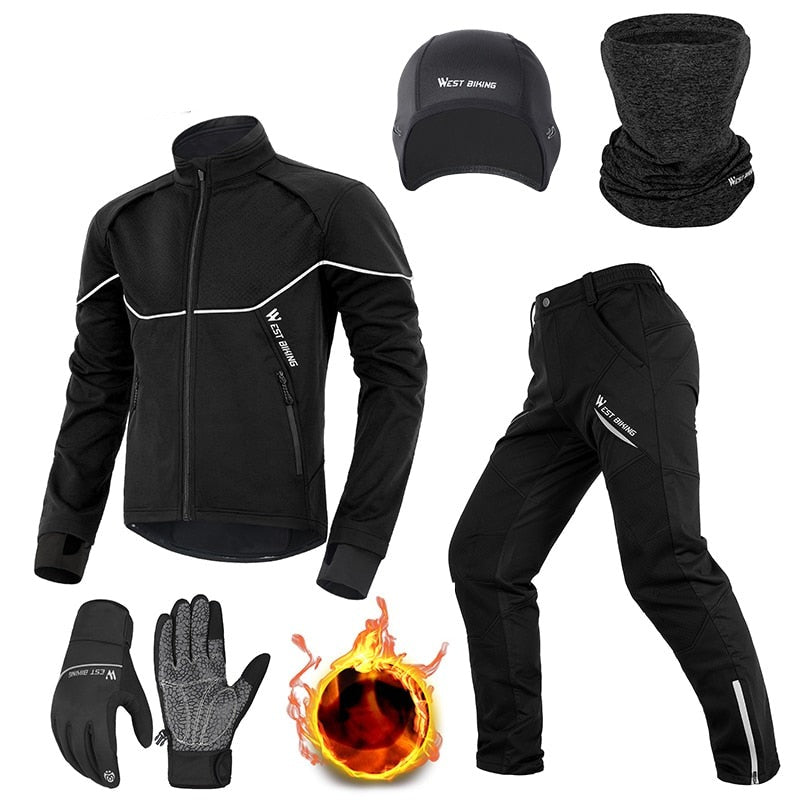Warm Winter Cycling Suit Thermal Fleece Windproof Bike Jersey Running Ski Bicycle Jacket Coat Pants M-3XL Sportswear